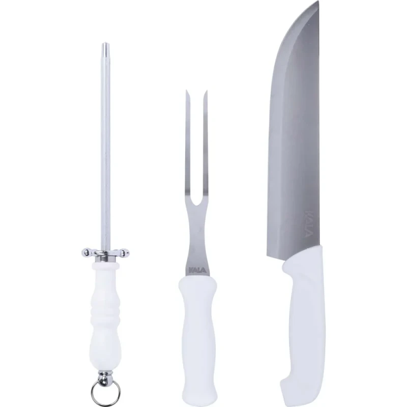 KIT FACA GARFO E CHAIRA EM AÇO INOX COM CABO PP 3 PEÇAS - KALA